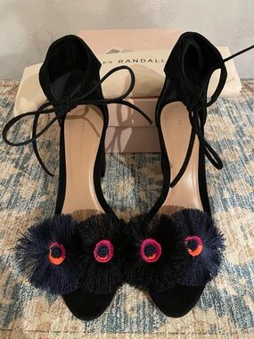 Loeffler Randall Black Suede Ankle-Tie Sandals with Pom Pom Accents
